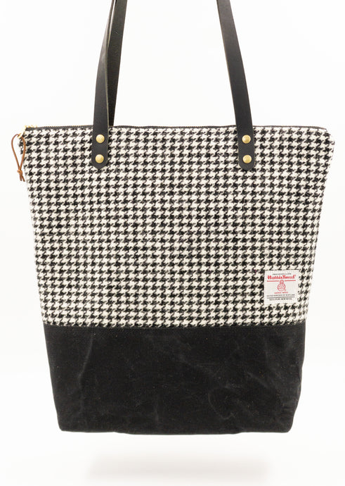 Black and White Houndstooth Zipper Top Tote