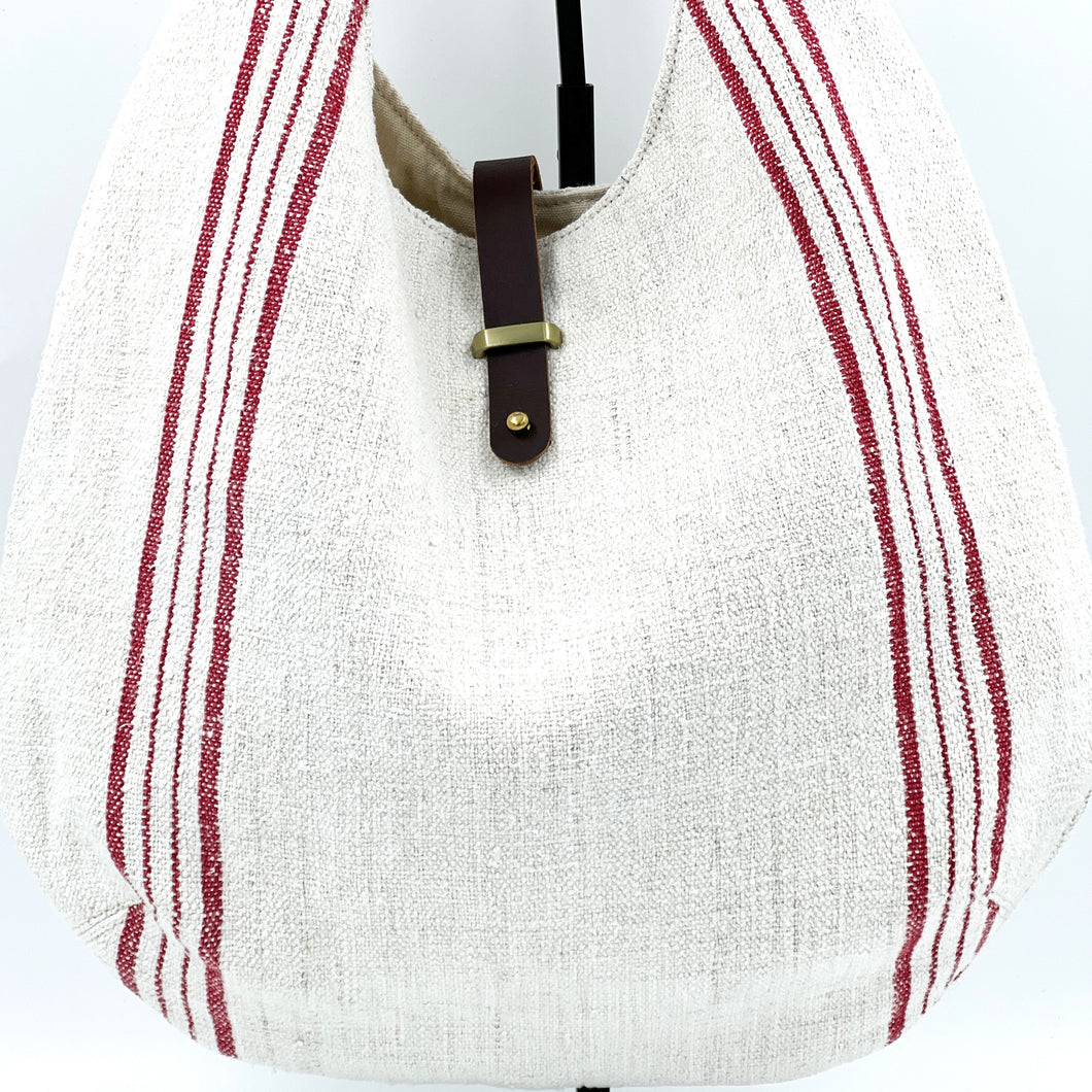Vintage European Grain Sack Hobo Bag - Red Stripe