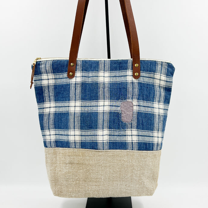 Antique French Kelsch Plaid and Hemp Linen Zipper Top Tote 2