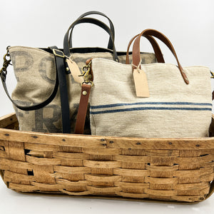 Antique French Herringbone Woven Grain Sack Bucket Bag